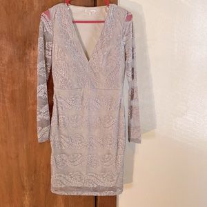 Long sleeve gray lace front dress.